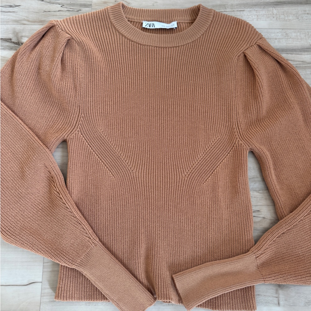 Zara Camel Ribbed Fitted Puff Bishop Sleeve Crewneck Sweater M